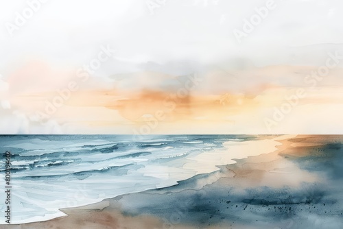 Aquarelle painting of a beach at sunset in muted colors.