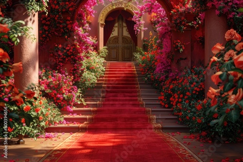 A captivating red carpet unfolding towards a breathtaking VIP staircase, surrounded by vibrant flowers and architectural marvels. © Aqsa