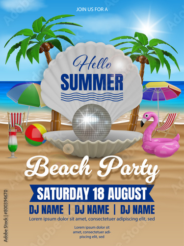 hello summer party poster with open shell with disco ball on tropical beach landscape. beach party flyer