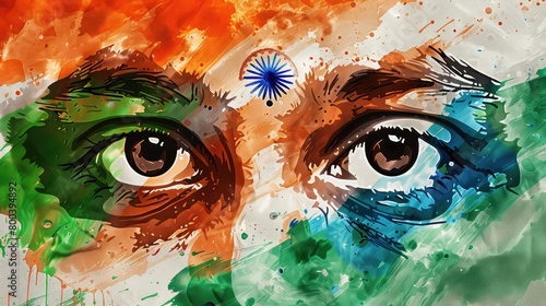 A close-up view of a person's face painted with the vibrant colors of the Indian flag. This image can be used to celebrate Indian festivals, cultural events, or to show patriotism.