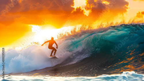 A surfer riding a massive wave with the sun setting on the horizon. Epic shot.   