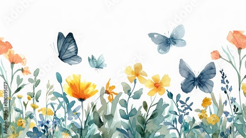 Aquarelle seamless pattern with meadow flowers and butterflies. Delicate floral ornament. Perfect for textile, wallpaper and any surface design. © Watercolor_Kawaii