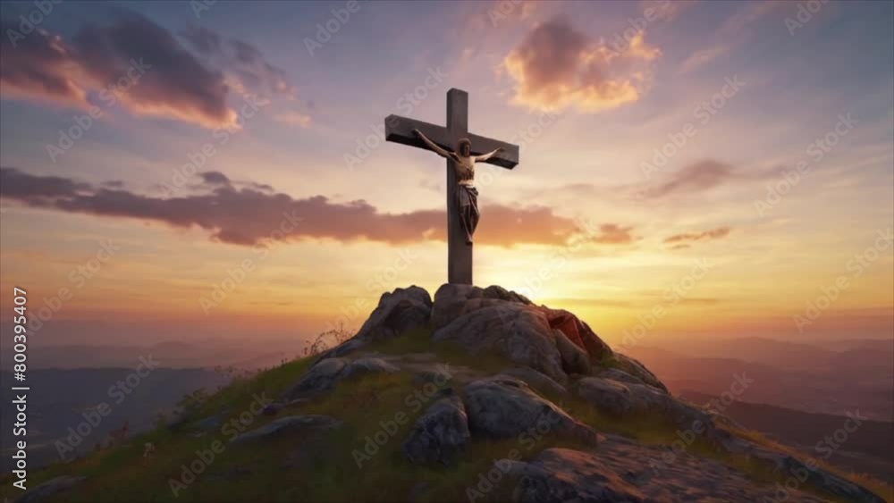 Cross on top of a mountain at sunset. A symbol of faith stands tall atop the mountain peak. Generated with AI