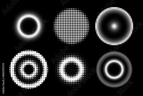 set of circle halftones isolated. abstract dotted circles, round halftones geometric dots photo