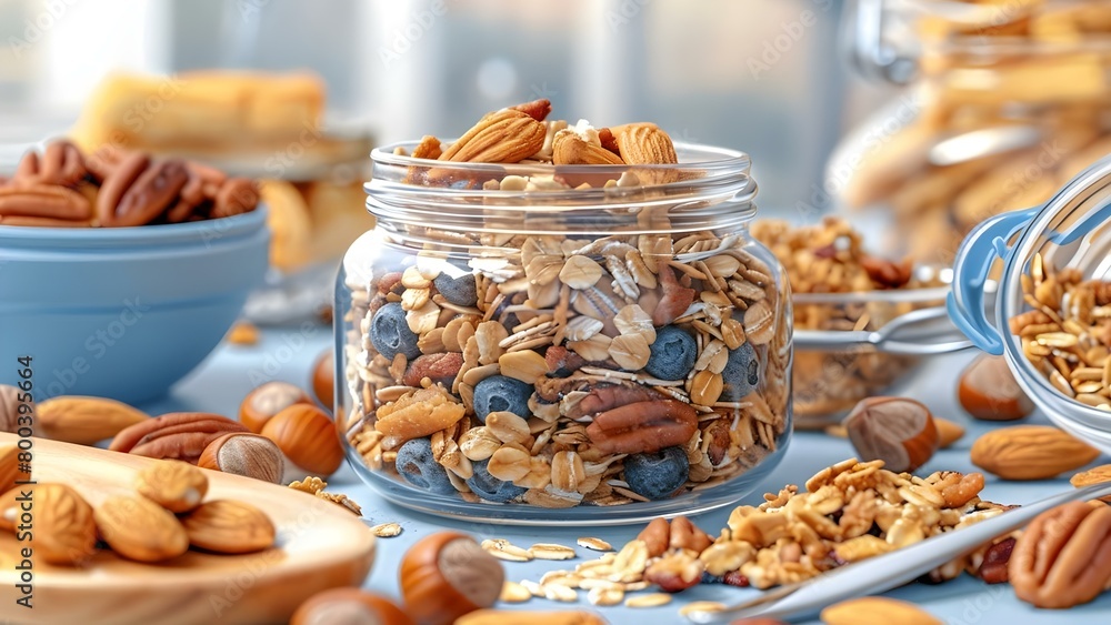 Fototapeta premium Homemade granola in a glass jar showcases wholesome oats and nuts . Concept Food Photography, Homemade Granola, Glass Jar, Oats and Nuts, Wholesome Snack