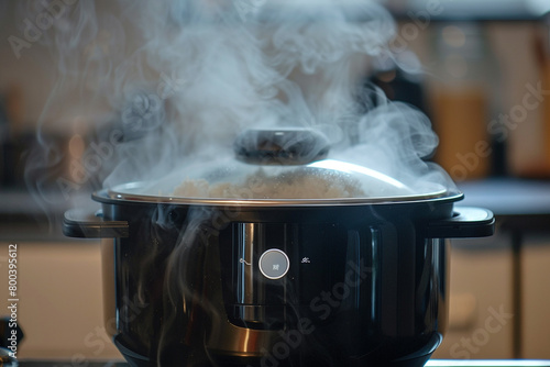 A black rice cooker with a steam vent for releasing excess steam, preventing overflow.