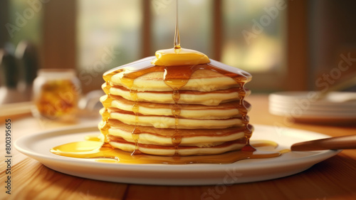 A delicious breakfast of fluffy pancakes stacked high on a plate, drizzled with golden maple syrup and topped with a melting pat of butter photo