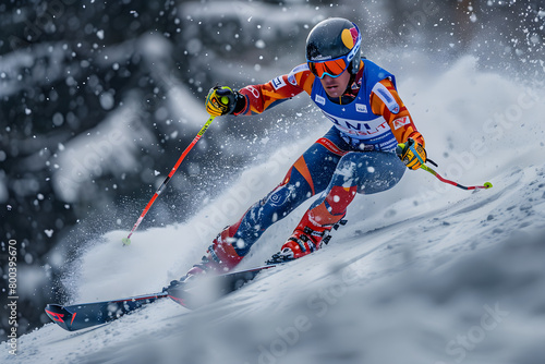 Exhilarating Downhill Alpine Skiing: A Display of Precision and Technique in a Snowy Landscape