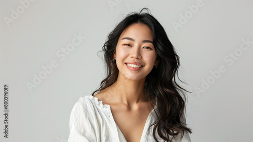 Portrait of a 30 year old Japanese woman smiling slightly on a grey background. Asian woman with a gentle smile and loose long hair in white shirt