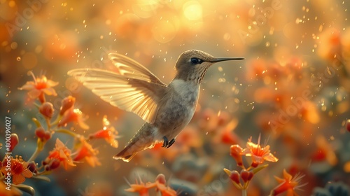 Vibrant Energetic Hummingbird Hovering in Flower Garden, generative ai © Matus