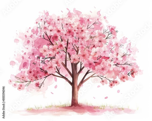 A tall cherry blossom tree with delicate pink blossoms and a few green leaves. The tree is set against a soft white background. © Watercolor_Kawaii