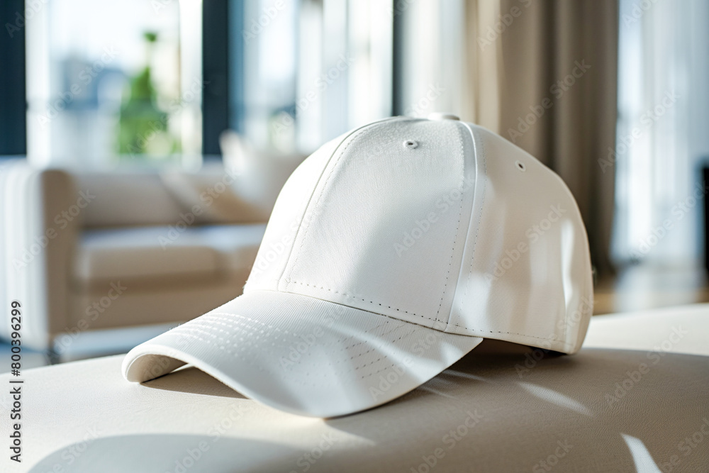 White Baseball Cap on Table in Bright Modern Interior White Baseball Cap on Table in Bright Modern Interior