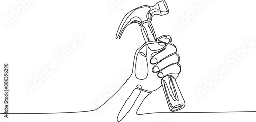 continuous single line drawing of hand holding hammer, line art vector illustration