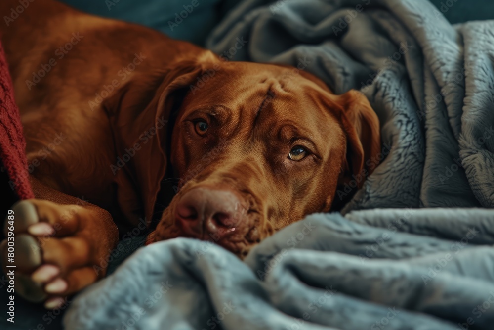 A brown dog relaxing on top of a soft blue blanket A brown dog relaxing on top of a soft blue blanket