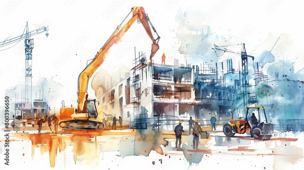 A watercolor painting of a construction site. The painting is in muted colors and depicts a busy construction site with workers, cranes, and heavy machinery.