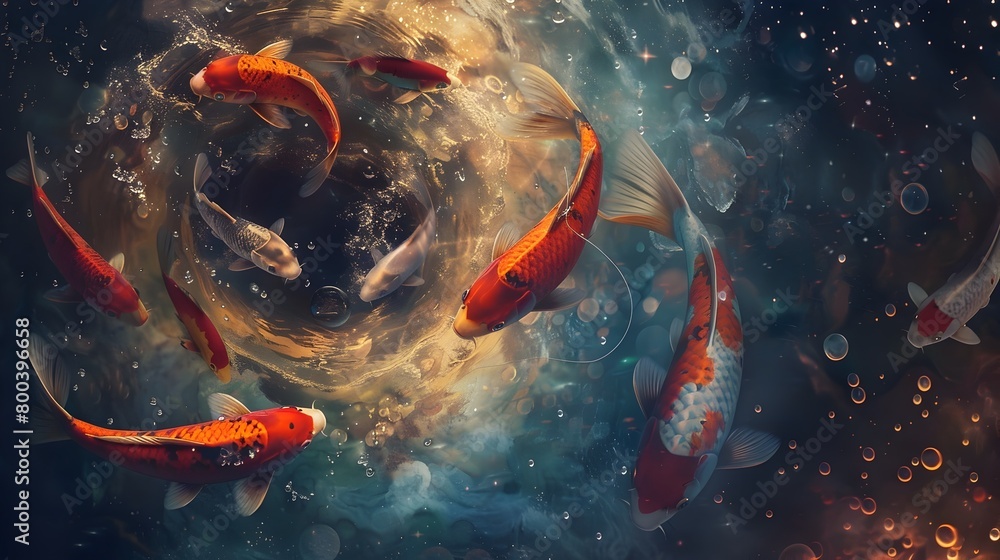 Koi Fish Swimming in Swirling Portal to Ethereal Universe