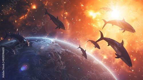 Flock of Flying Fish Leaping from Planetary Ring Against Glowing Exoplanet in Cosmic Void