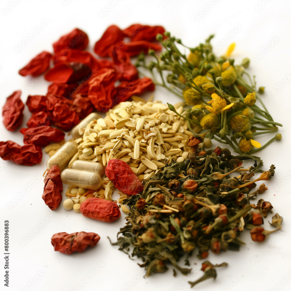 Chinese Medicine: traditional herbal medicine photography on white backgrounds, an assortment of herbal supplements and natural ingredients. Professional, bright, clean, focused products.