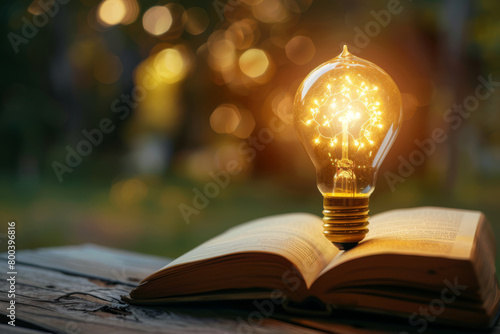 Glowing lightbulb over a book, Inspiring from read concept, Education knowledge and business education ideas