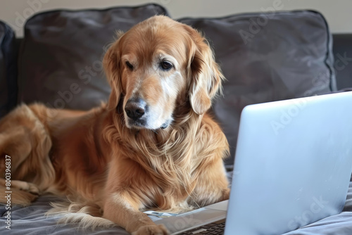 A dog comfortably rests on a couch next to a laptop, appearing relaxed and content