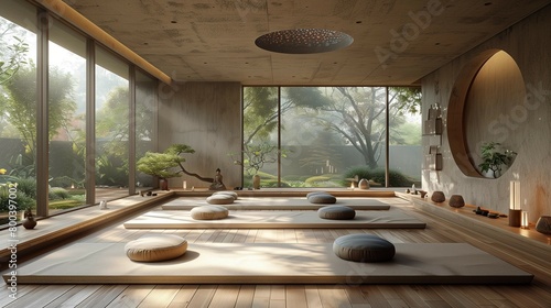 Serene Symmetry: Minimalist Meditation Hall, generative ai photo