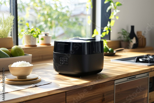 A black rice cooker with touch-sensitive controls, offering effortless operation. photo