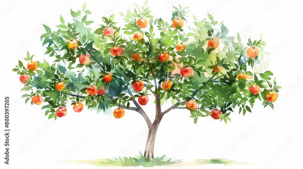 An illustration of an apple tree with red and green apples. The tree is full of leaves and has a large trunk. The apples are ripe and ready to be picked.
