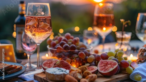 Beautiful table full of wine  cheese and snacks at dusk