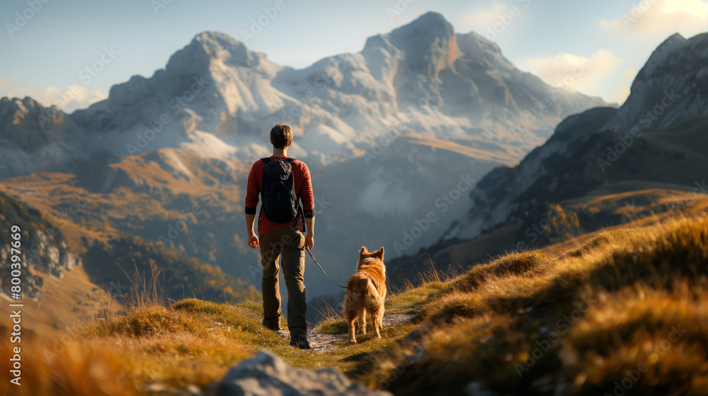 image depicting the freedom and excitement of a hiker exploring the outdoors with his furry companion, framed against a mountainous landscape. A man and his Dog