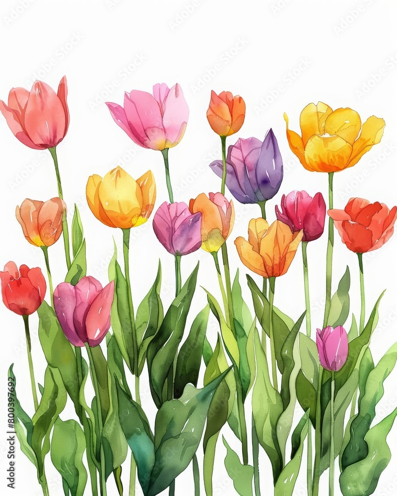 A watercolor painting of tulips in a field