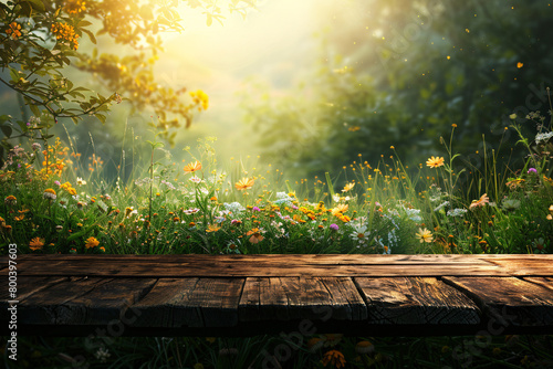 Wooden Plank Path through Vibrant Daisy Field at Sunset Summer Backdrop © VanDesigns