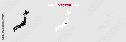 Japan Map Vector Pack. Map with Flag. Gray Map Silhouette. Gray Outline Map. Editable EPS file. 