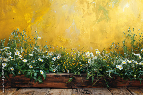 Wooden Planks Against Vivid Yellow Background with Daisies © VanDesigns
