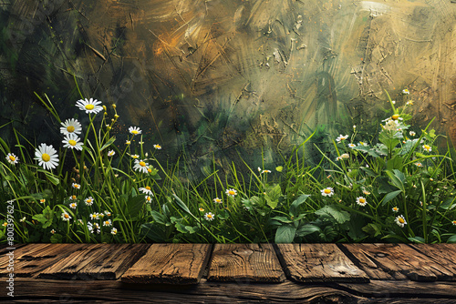 Wooden Planks Over Lush Daisy Field with Grunge Green Background © VanDesigns