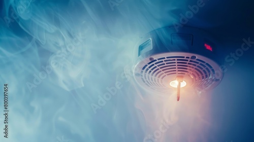 A smoke detector and interlinked fire alarm in action, with a background featuring copy space for additional text or graphics.
