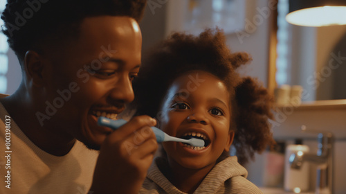 An image capturing the tranquillity of a black father brushing his daughter's teeth.  family's nighttime brushing routine. cosy bathroom background. photo