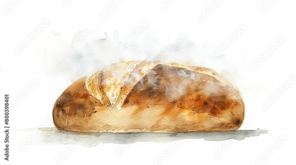A watercolor painting of a loaf of bread. The bread is soft and fluffy, with a golden crust. It is sitting on a white table, with a white background. A watercolor painting of a loaf of bread. The bread is soft and fluffy, with a golden crust. It is sitting on a white table, with a white background.