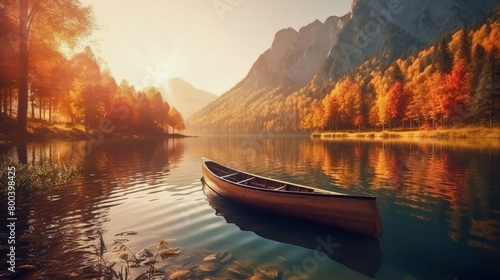 Lonely wooden canoe floating on calm mountain lake. Autumn forest on background of sunset. Illustration traveling boat in river, yellow trees, natural light, nature landscape backdrop. No people. photo
