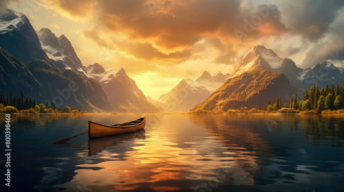 Lonely wooden canoe floating on calm mountain lake. Summer forest on background of sunset. Illustration traveling boat in river, green trees, natural light, nature landscape backdrop. No people. photo