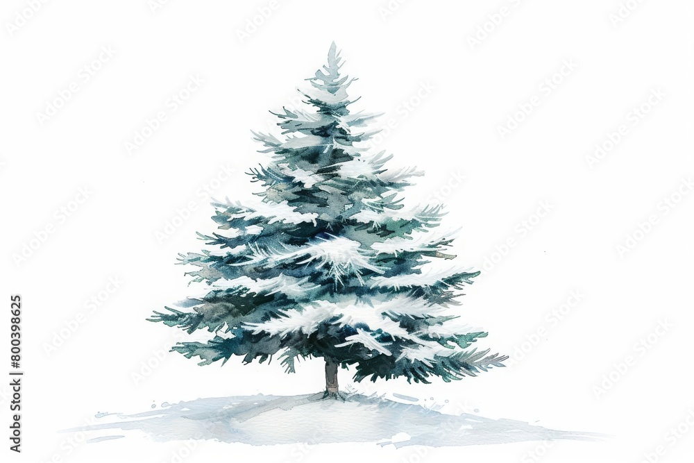 Create a watercolor painting of a snow-covered pine tree. Make the background white and focus on the intricate details of the tree, including the branches, needles, and snow.
