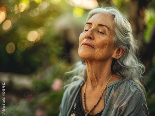 Portrait of modern senior woman with her eyes closed. Elderly gray-haired lady meditates in summer garden. Relaxation as method of restoring a woman's body. Blurred background. Peaceful environment.