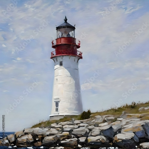 AI generated illustration of a coastal landscape painting featuring a picturesque lighthouse