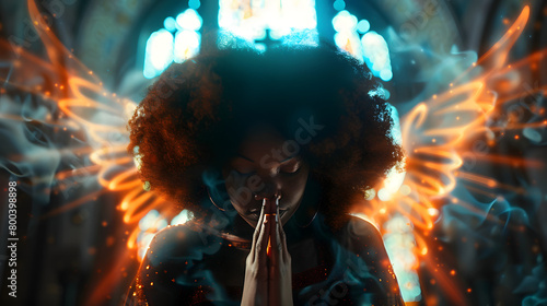 Élégance Divine: La Jeune Femme Afro Prie dans une Chapelle, ses Ailes de Lumière Éclatante Symbolisant la Puissance de la Foi et de la Dévotion photo