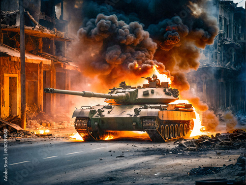 Panzer fährt durch eine zerstörte Stadt photo