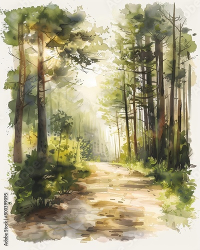 Create a watercolor painting of a sunlit forest path