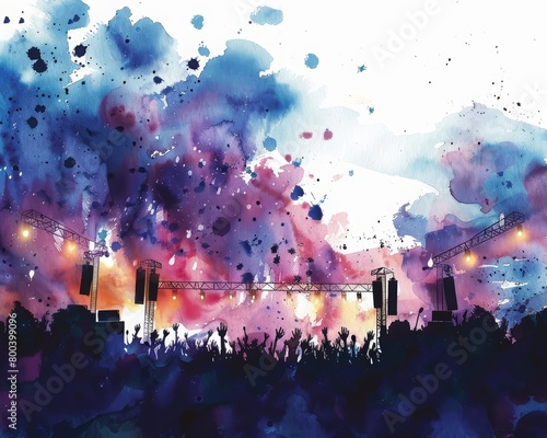 Colorful watercolor painting of a music festival. The stage is in the center with the crowd in front of it. The sky is a bright, abstract watercolor.