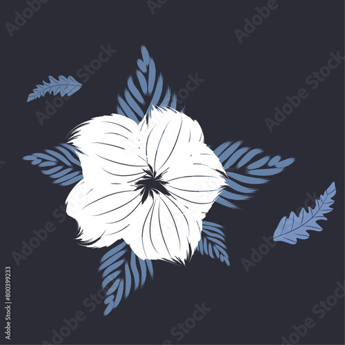 modern Floral seamless pattern. White flower draw praint style on a dark blue background. A traditional floral seamless pattern textile tropical bicolor flower and leaves