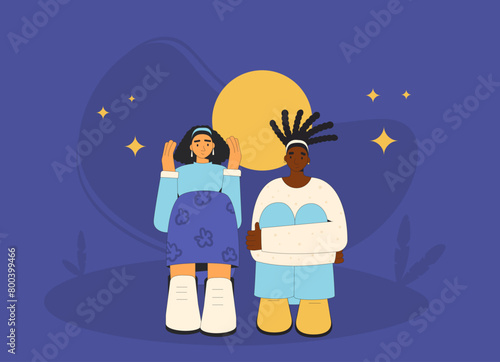 Two girls sitting and talking at night. Teenagers characters friendship. Young girlfriends conversation. Vector outline illustration