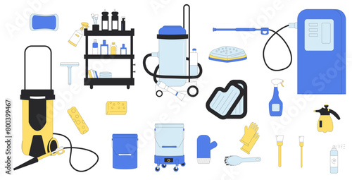 Car wash set. Vehicle clean station collection elements isolated on white background. Vacuum, sponges. Repair auto garage. Vector illustration.