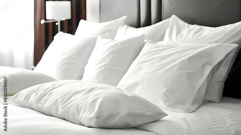 Obraz premium Luxurious Bedroom Decor: Closeup of White Pillows on a Hotel Bed. Concept Luxurious Bedroom Decor, Closeup Shots, White Pillows, Hotel Bed